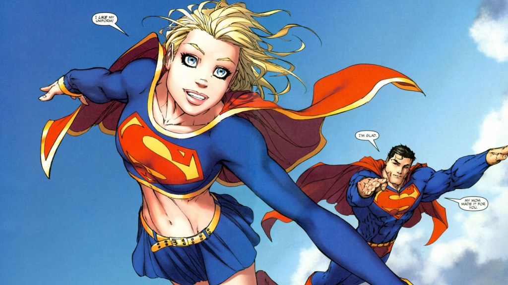 Supergirl and Superman flying through the sky together