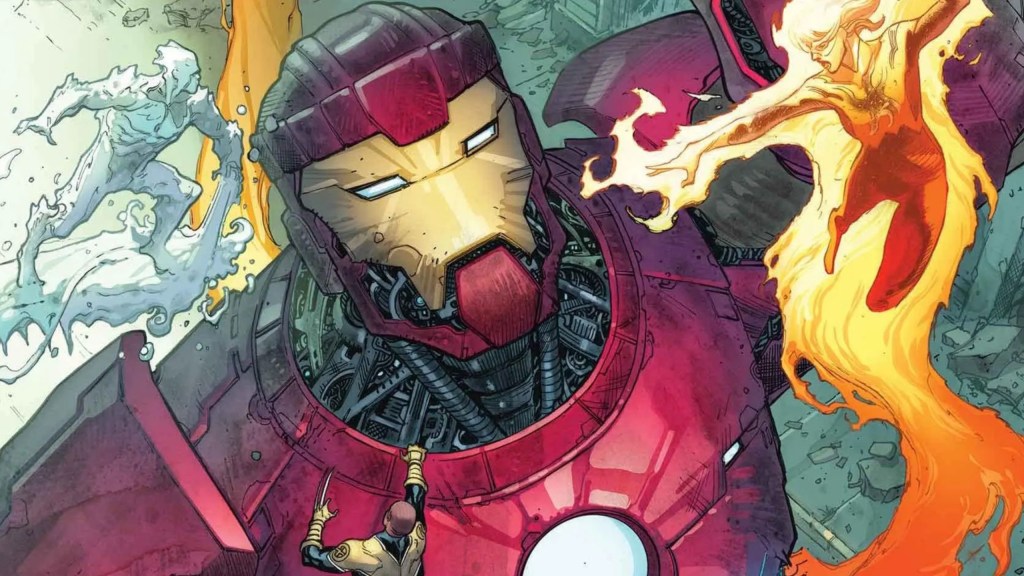 Iceman and Firestar battling a Stark Sentinel