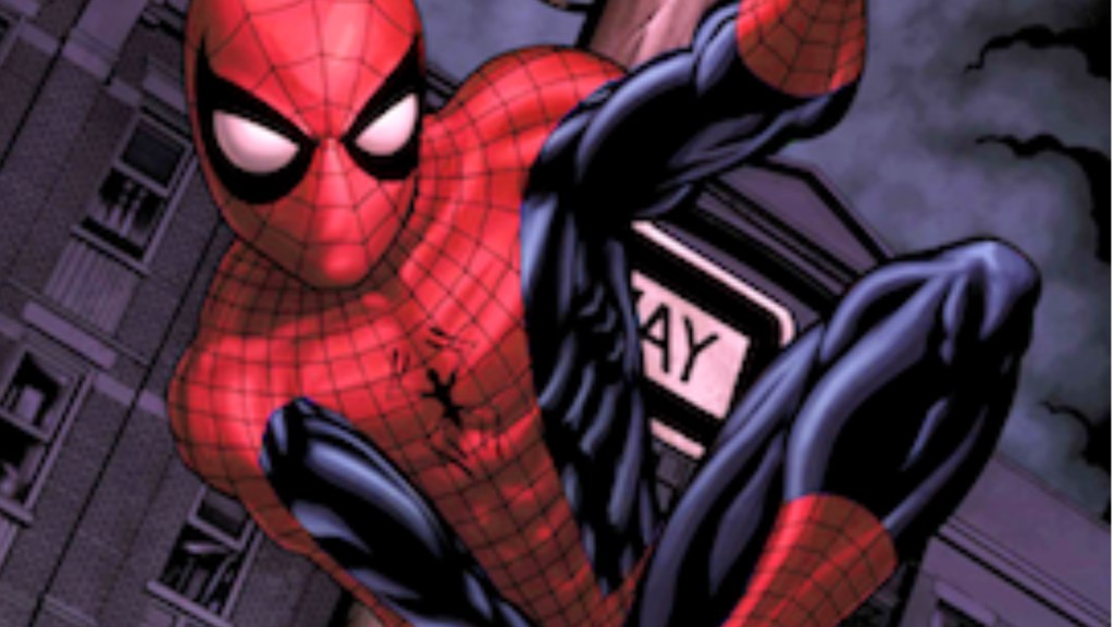 Spider-Man sticking to a street sign