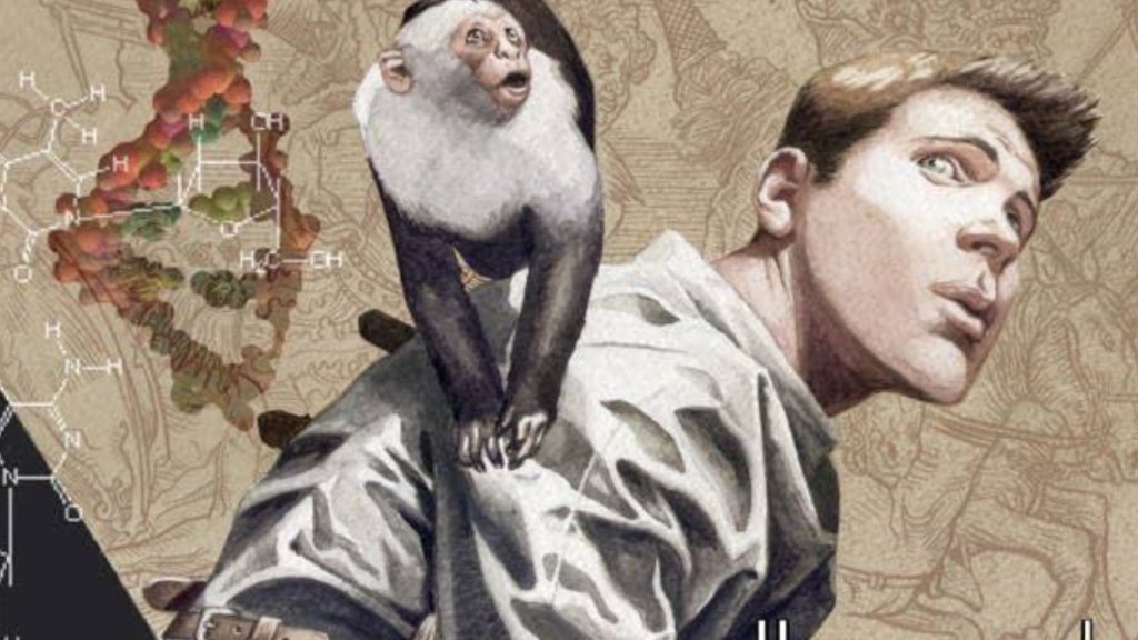 Yorick in a straightjacket with his monkey Ampersand on his shoulder