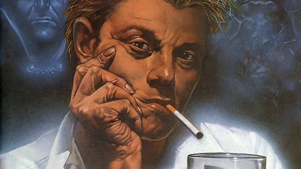 John Constantine smoking a cigarette and drinking a pint, with the Phantom Stranger and Swamp Thing behind him