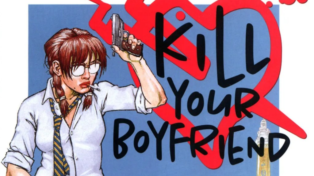 A British school girl, in sunglasses and smoking a cigarette, holding up a gun next to the logo for Kill Your Boyfriend