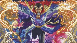 Doctor Strange using his powers, as energy lines surround him and Clea lays behind him