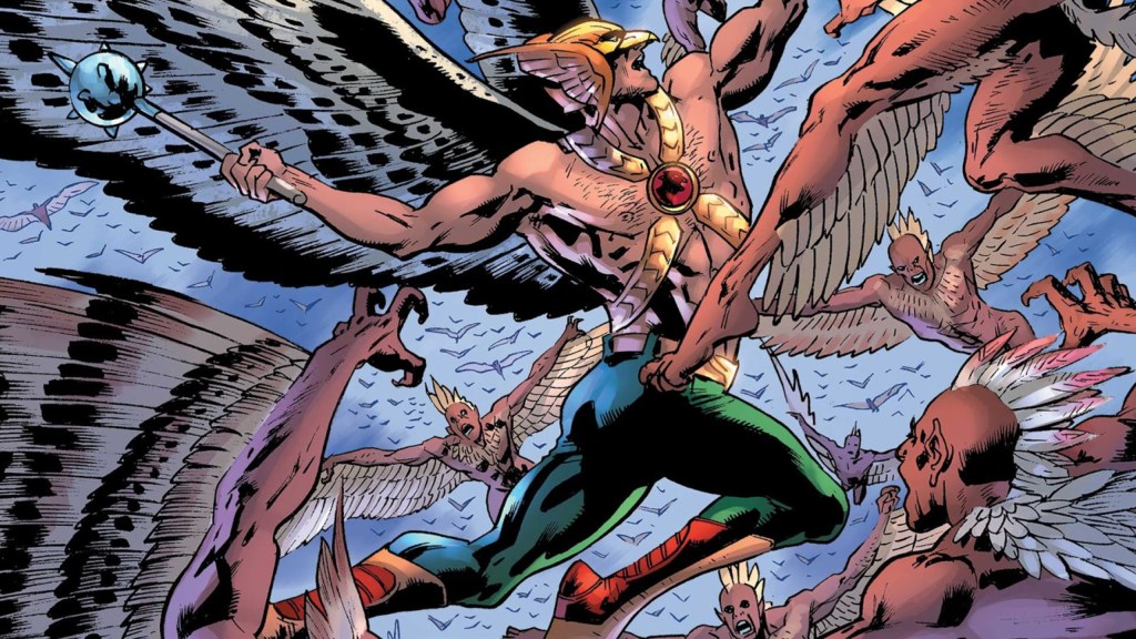 Hawkman fighting a bunch of Feitherans in mid air