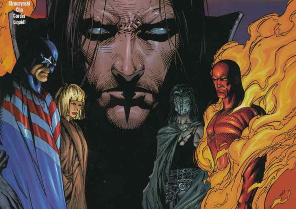 Prophet overlooking Patriot, Chandra, Ravenshadow, and Pyre standing over a grave.