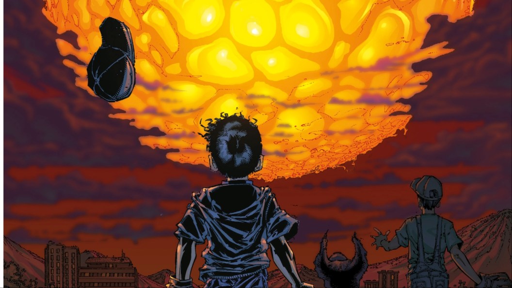 Two boys looking up at an approaching fiery ball of energy