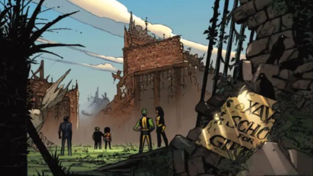 The Wrecked X-Mansion with X-Men in front of it