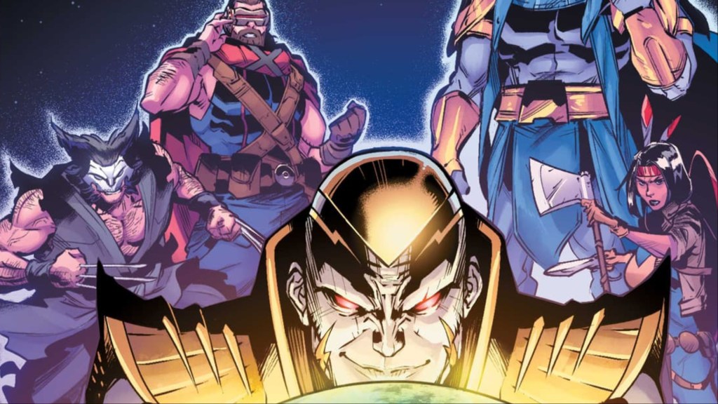 Wolverine, Cyclops, Apocalypse, and Dani Moonstar behind Revelation