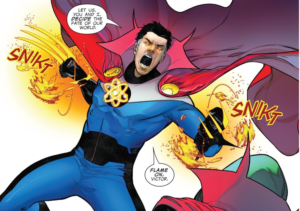 Mister Fantastic manifesting magic claws to attack Doctor Doom