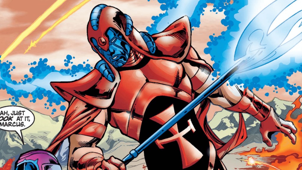 The Scarlet Centurion holding his power lance