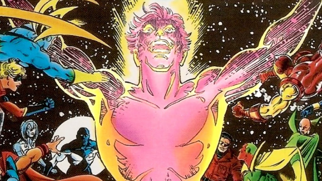 Michael Korvac in his all powerful form battling the Avengers and the Guardians of the Galaxy