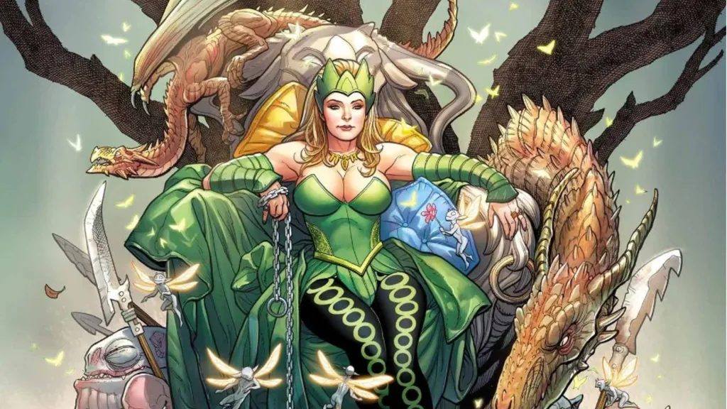 The Enchantress sittin gin a throne and surrounded by demons and monsters