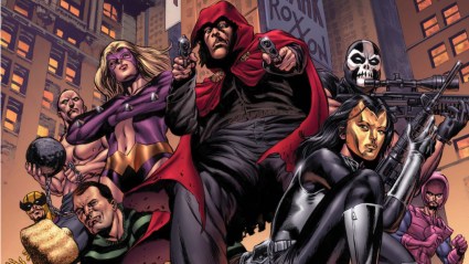 The Wizard, Sandman, Titania, the Hoood, Absorbing Man, Madame Masque, Crossbones, and others together as the Masters of Evil