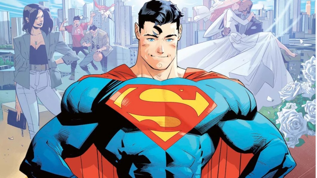 Superman with his hands on his hips, with Lois, Jon,and Conner one one side and Lana Lang and Steel getting married on the other side of him.