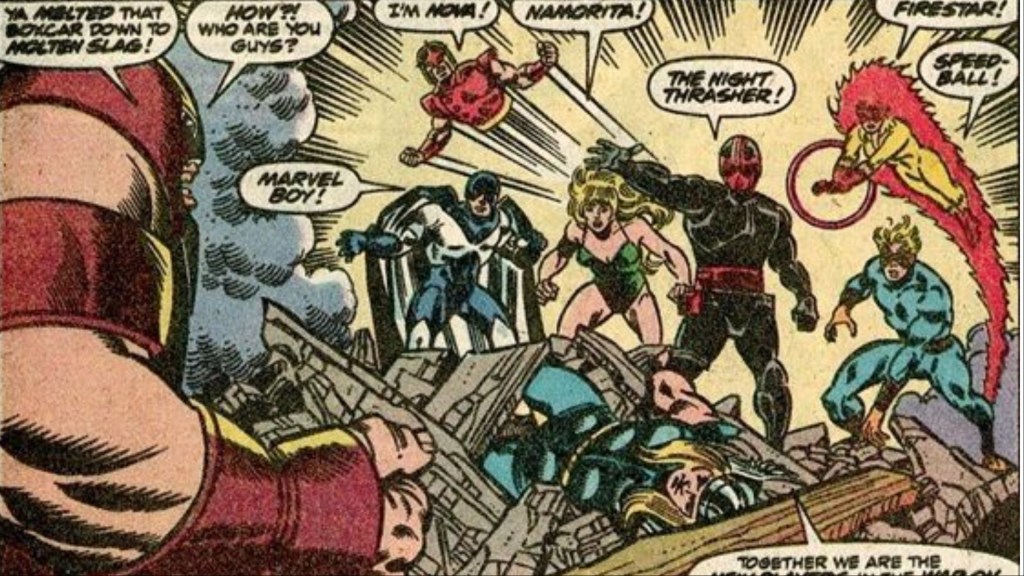 Jugernnaut confronting the New Warriors: Night Thrasher, Nova, Marvel Boy, Firestar, Namoria, and Speedball