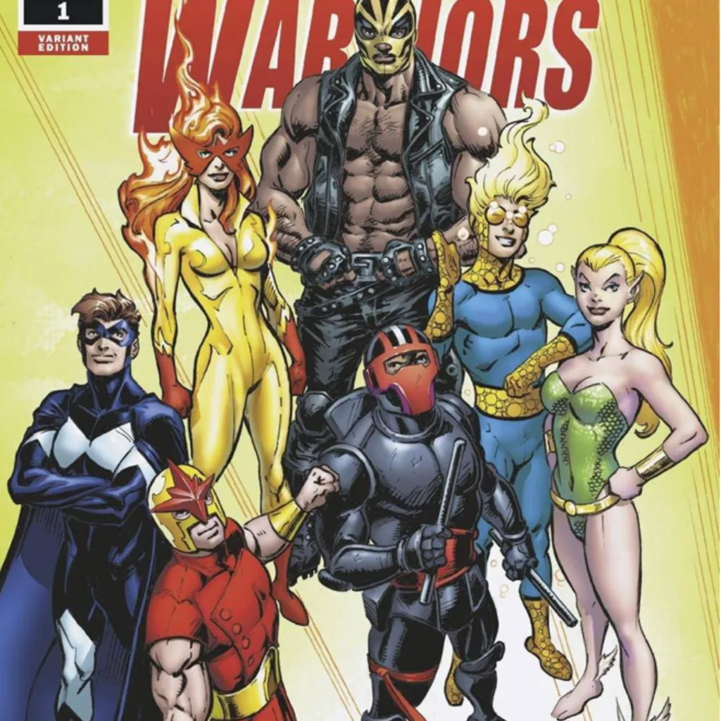 The New Warriors - Nova, Marvel Boy, Firestar, Rage, Speedball, Namorita, and Night Thrasher - standing together