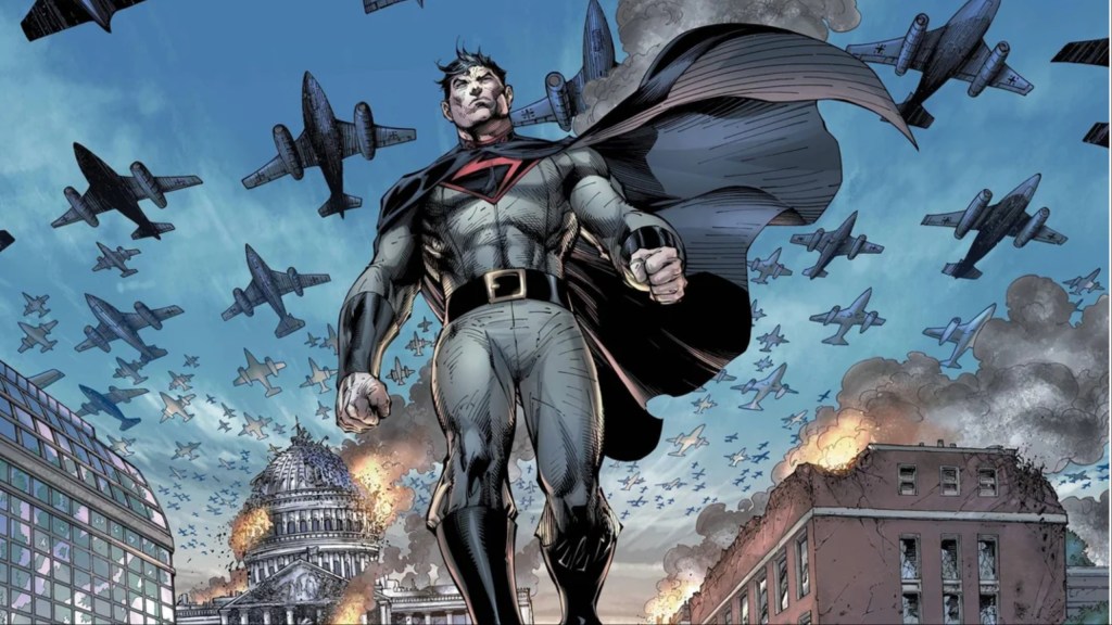 Overman, the Nazi Superman, marching on Washington DC with German jet bombers above him