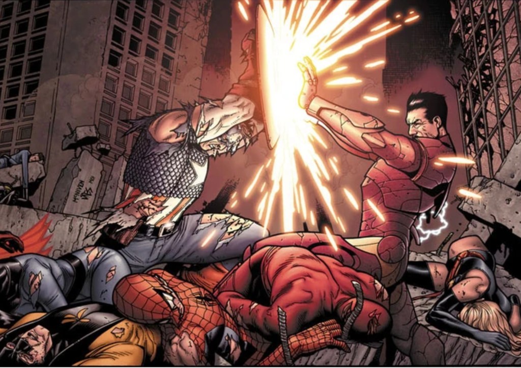 Captain America blocking Iron Man's repulsor blasts with his shield, surrounded by fallen heroes