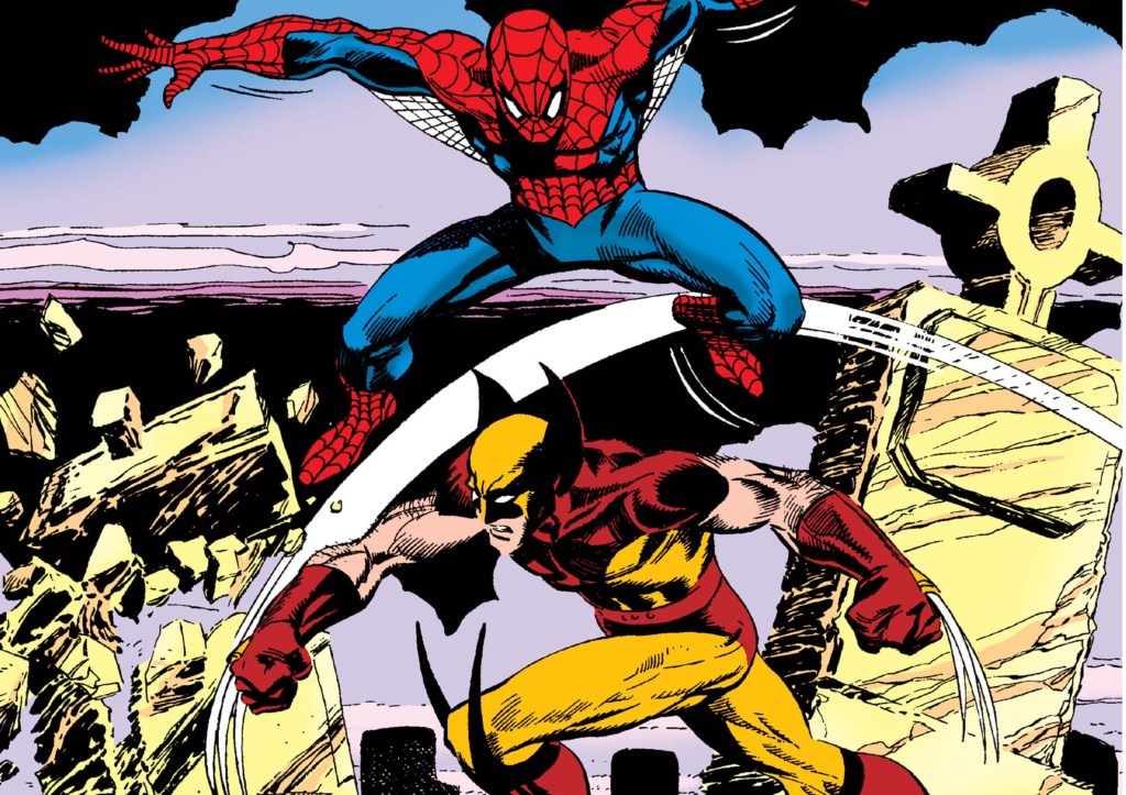 Spider-Man jumping over one of Wolverine's slashes