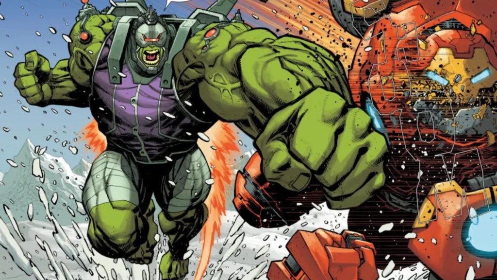 Starship Hulk attacking Iron Man in his Hulkbuster armor