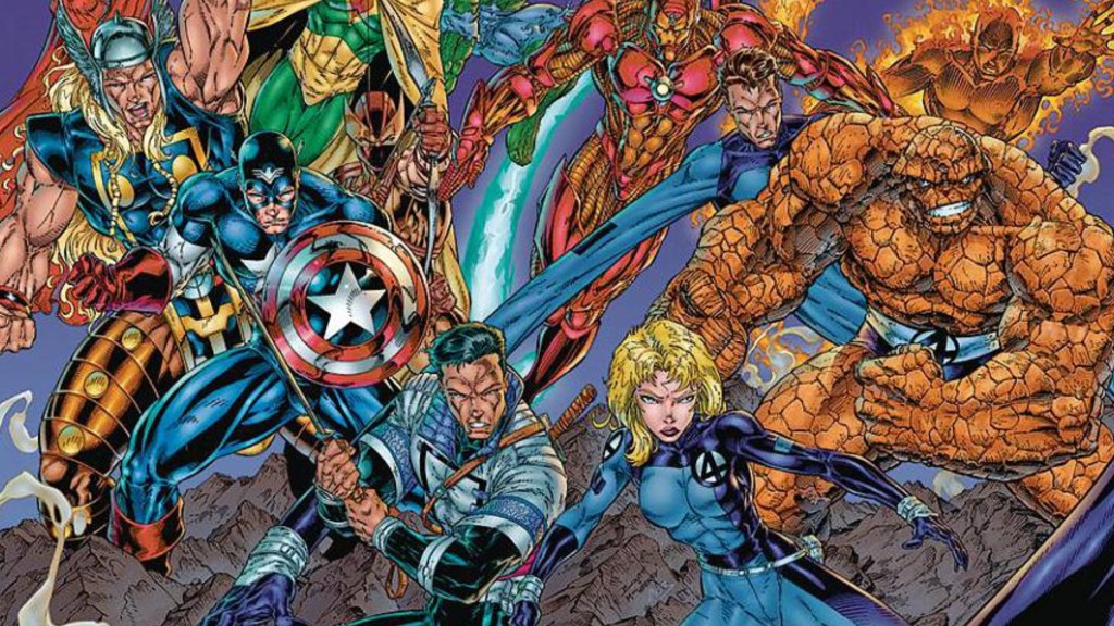 Thor, Captain America, Iron Man, Swordsman, Hawkeye, Invisible Woman, the Thing, and Human Torch all together