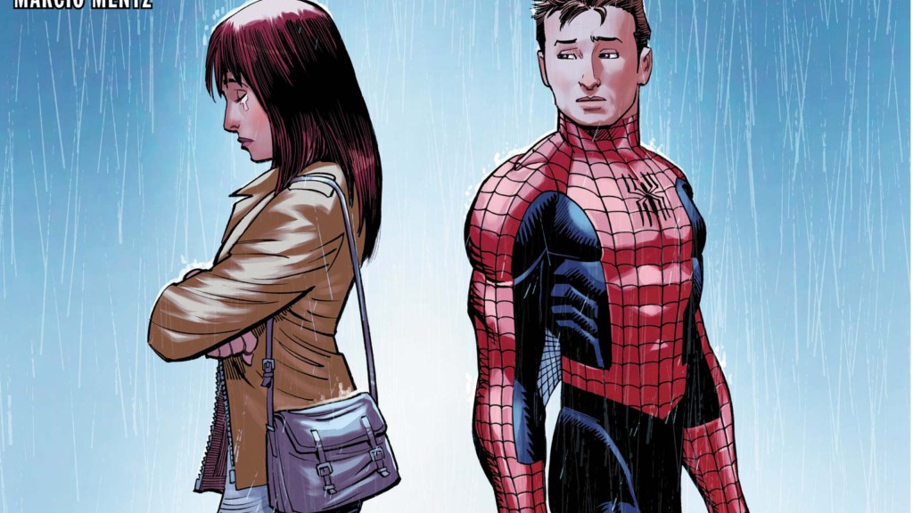 Mary Jane with her back turned to Spider-Man and him looking back at her sadly