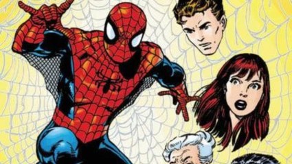 Spider-Man on a web, with the faces of Peter Parker and Mary Jane next to him