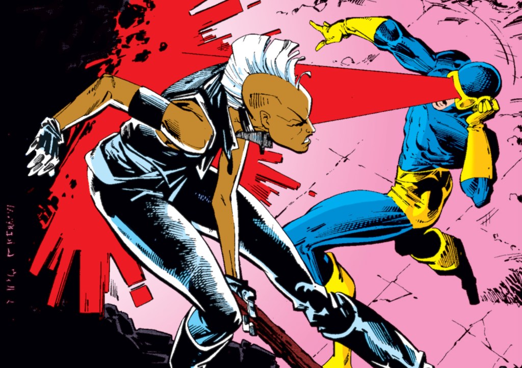 Cyclops firing an optic blast at Storm as she dodges it