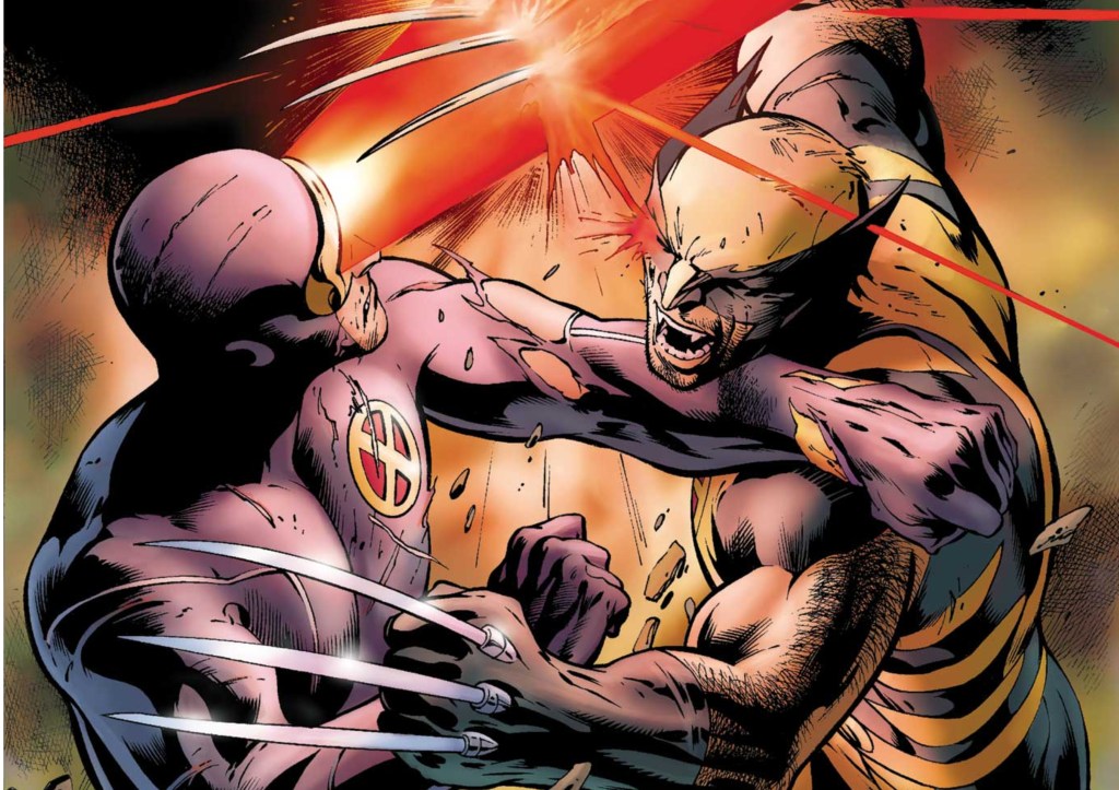 Cyclops blasting Wolverine as he tries to stab him