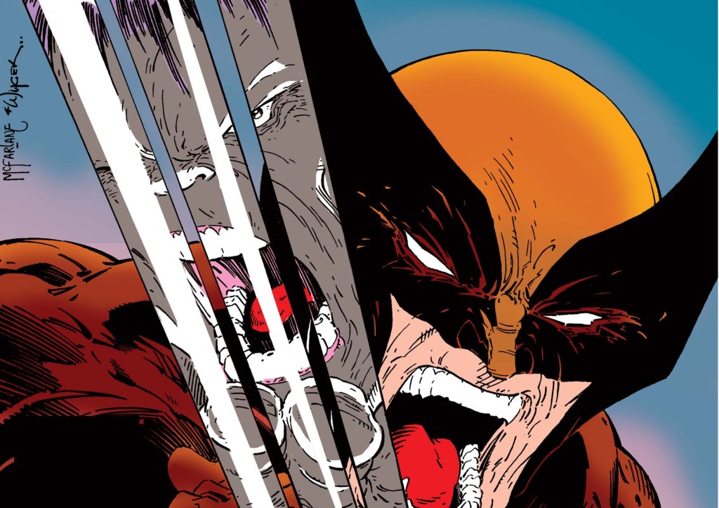 The Hulk reflected in Wolverine's claws while they yell at each other