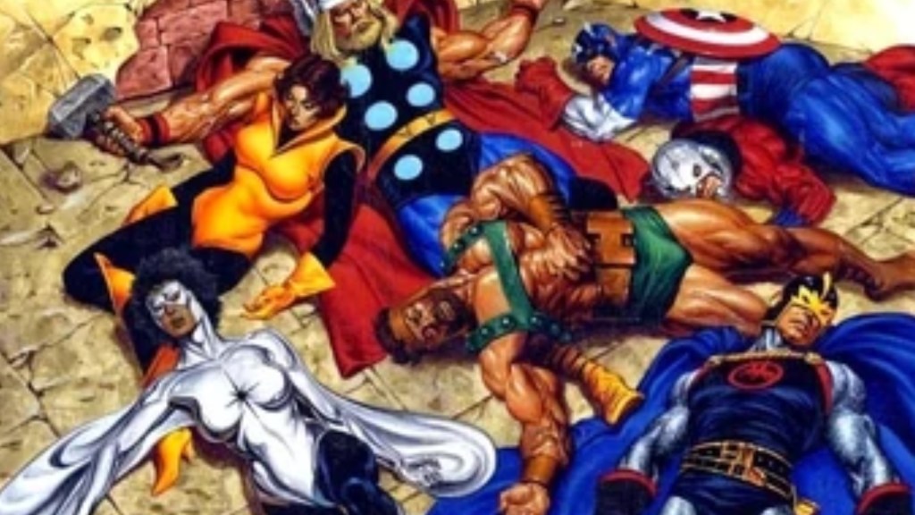 The Wasp, Thor, Captain America, Black Knight, Hercules, and Captain Marvel II laying on the ground with wreckage around them