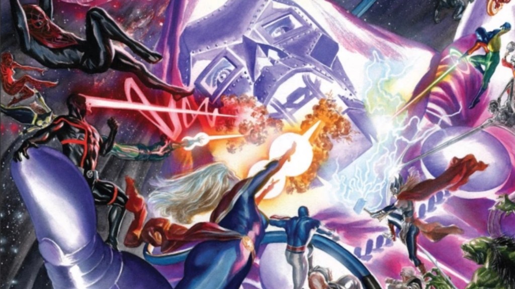 Heroes from around the Marvel Multiverse attacking a giant, glowing Doctor Doom