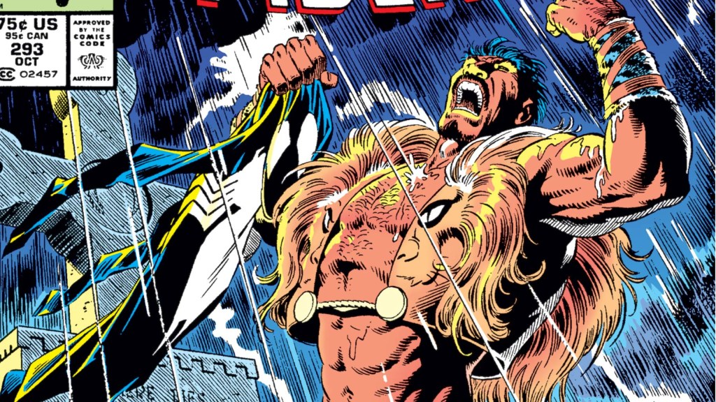 Kraven holding up the black Spider-Man costume while roaring in triumph in the rain