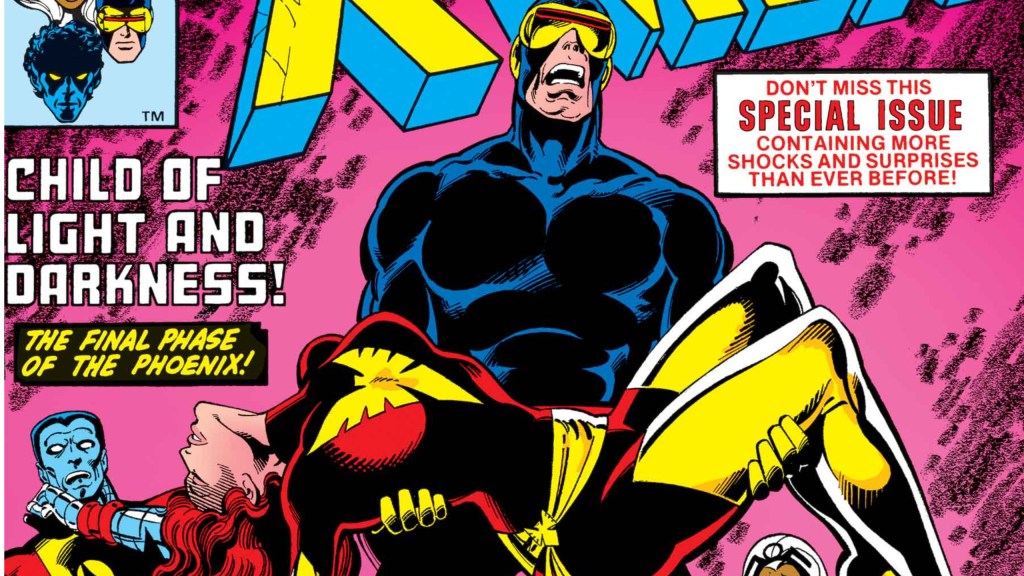 Cyclops crying as he holds Dark Phoenix, with Colossus in the background looking shocked and sad