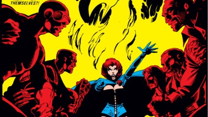 Cyclops, Wolverine, and Colossus facing off against Sebastian Shaw, Henry Leland, and Mastermind with Jean Grey as the Black Queen manifesting the Phoenix Force