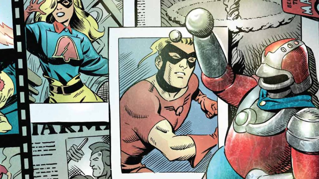 Pictures of Liberty Belle, Johnny Quik, and Starman with an action figure next to them