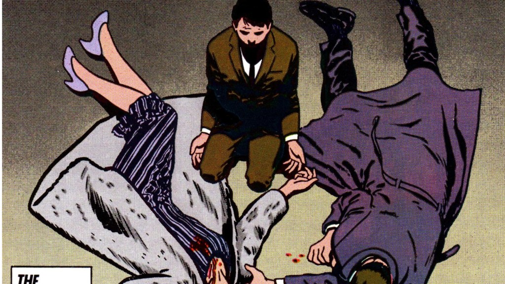Young Bruce Wayne sitting by the bodies of his parents