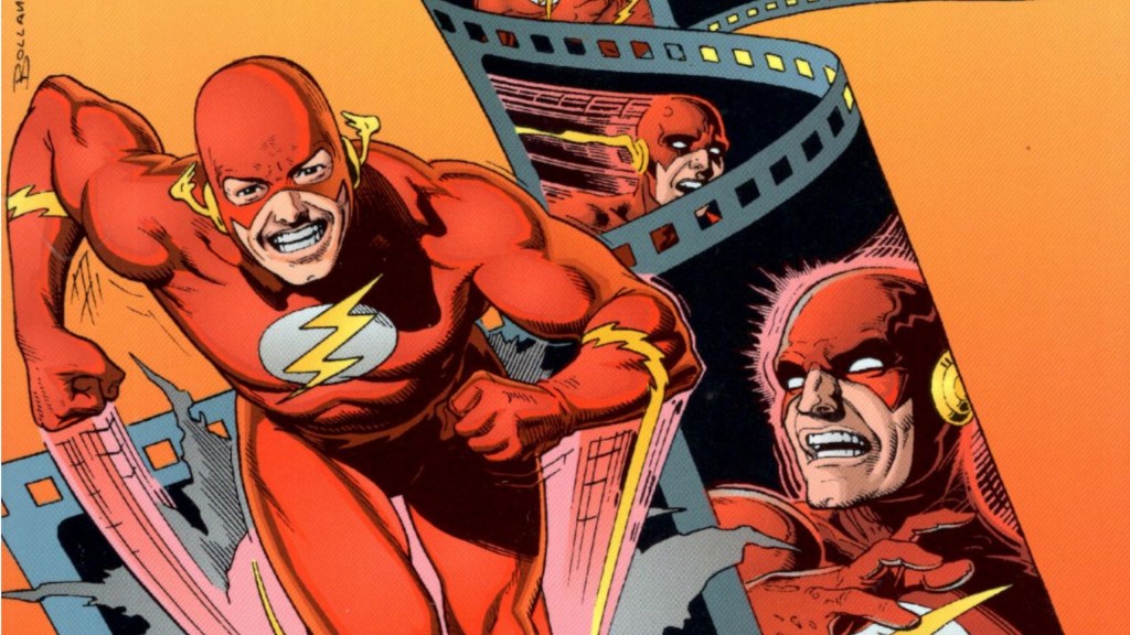 Barry Allen running out of a strip of film, with Wally West in one of the frames looking shocked