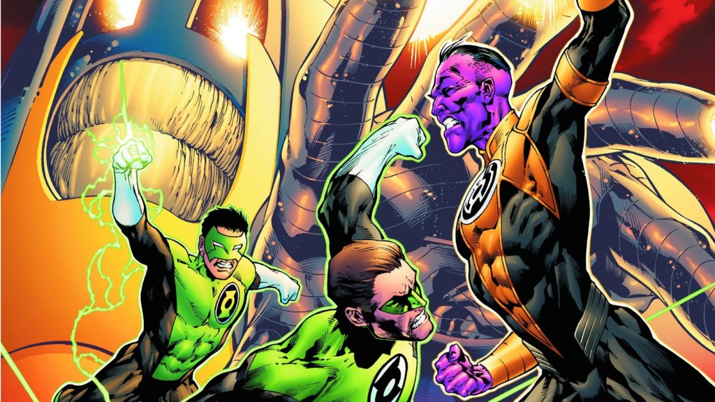 Hal Jordan and Kyle Rayner battle Sinestro with the Anti-Monitor in the background reaching out