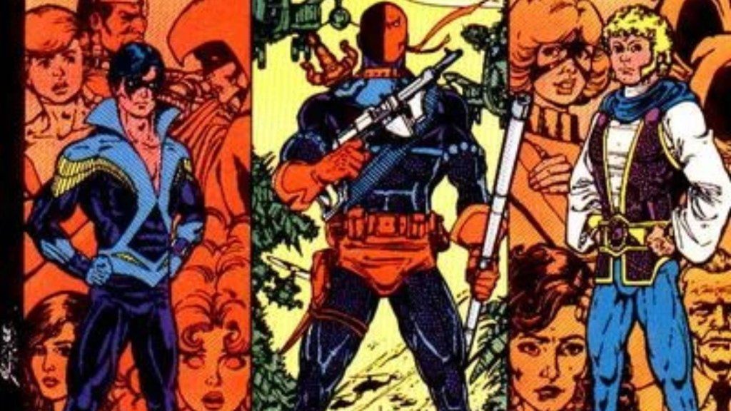 Nightwing, Deathstroke, and Jericho standing next to each other with pictures of the Teen Titans behind them