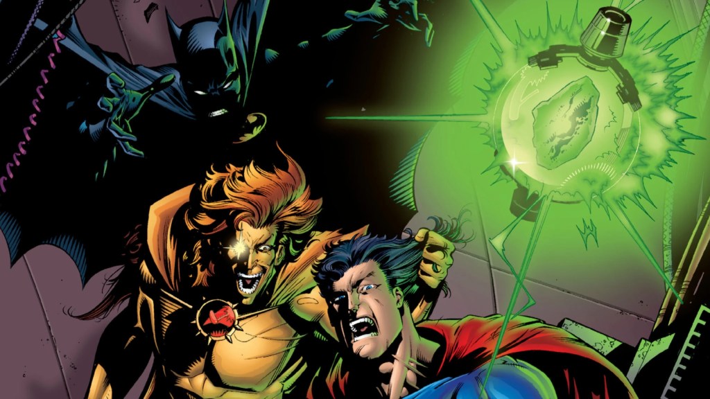 Batman trying to save Superman from Protek, who has Kryptonite