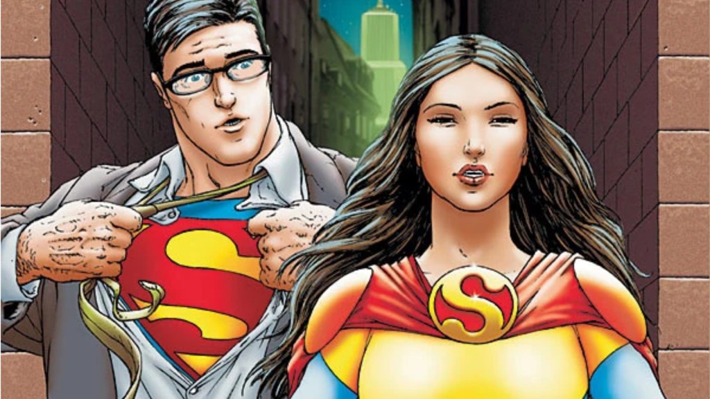 Superman opening his shirt and looking at Lois Lane as Superwoman in bewilderment