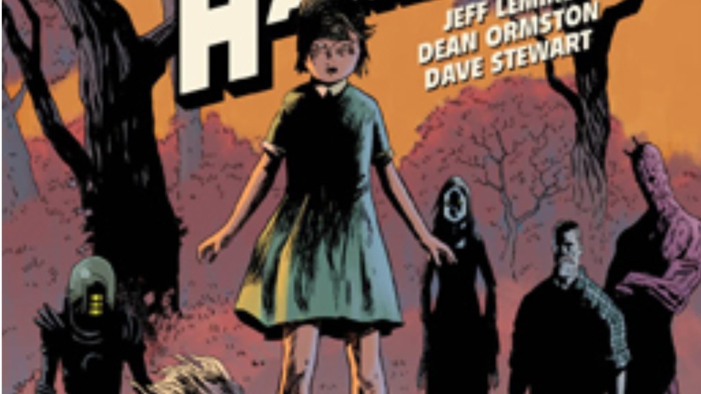 A floating little girl with shadowed figures behind in her in front of an eerie tree