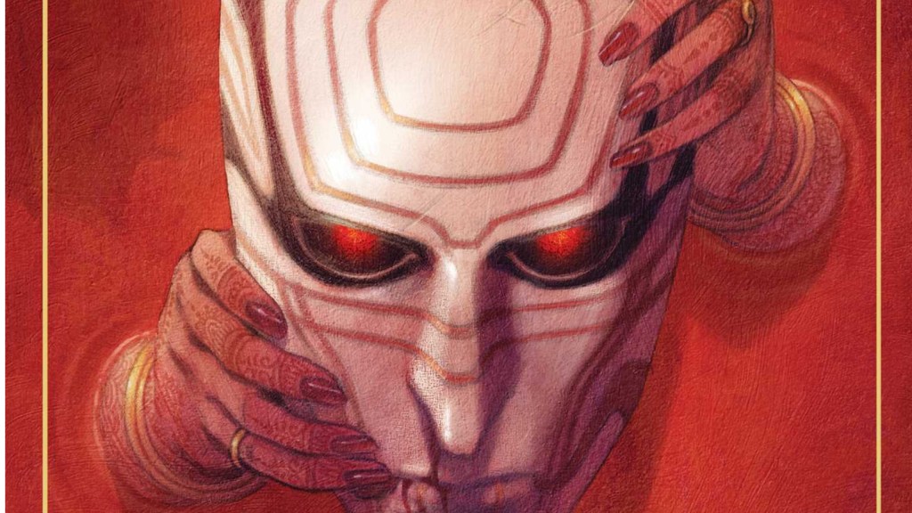 Hands coming out of a red field holding a white and red mask