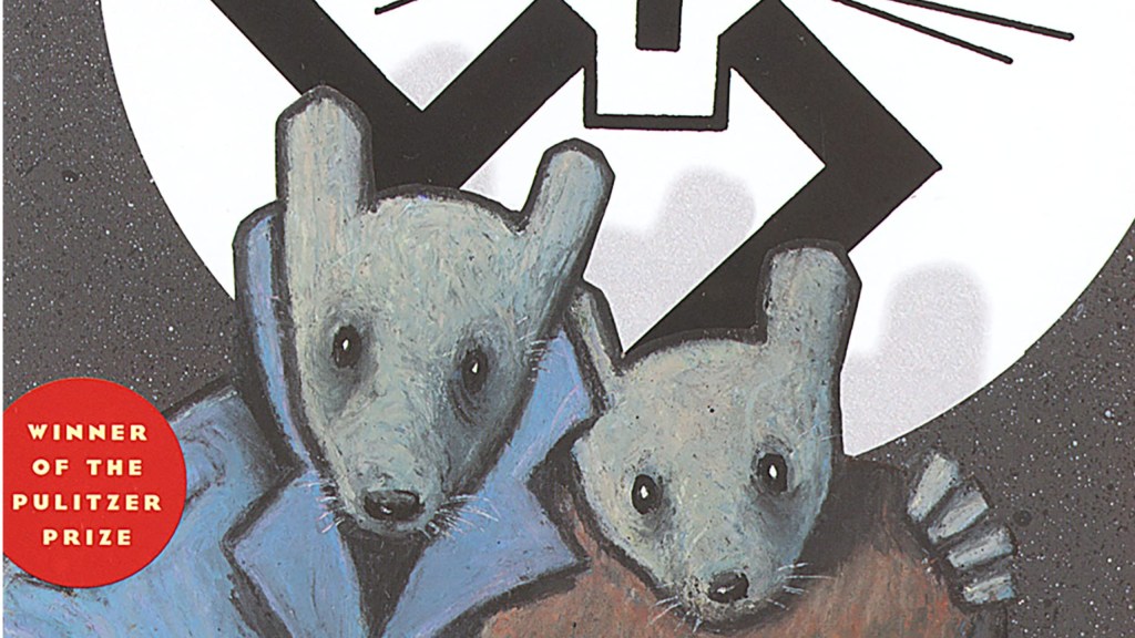 Two mice holding each other under a swastika with a cat face in the middle