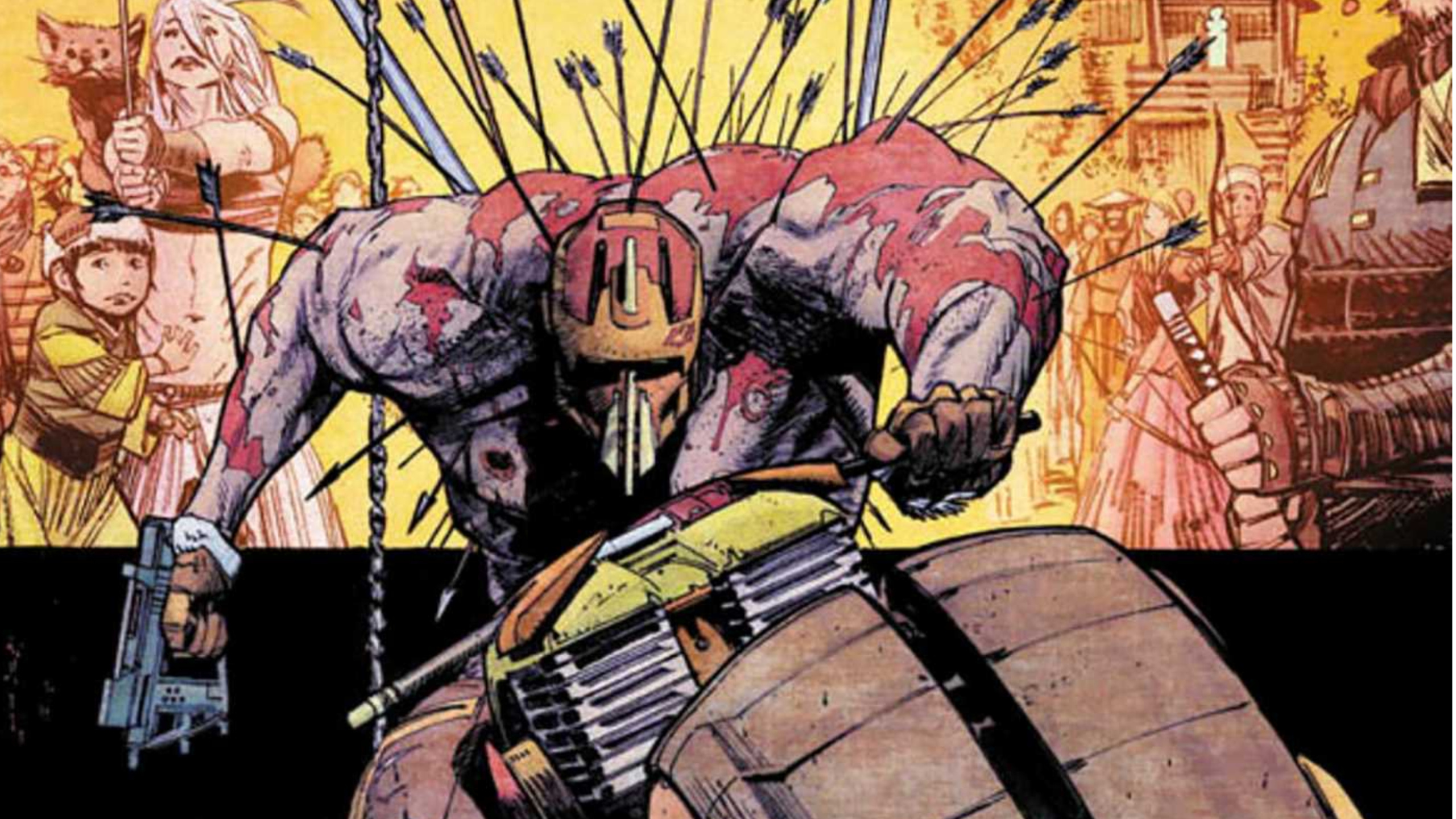 Led Dent on his motorcycle with arrows sticking out of his back, while his girlfriend Debbie Decay stands with a group of Japanese warriors