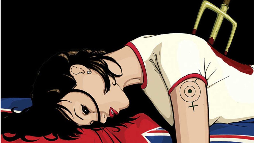 Britannia lying dead on the United Kingdom flag with a trident in her back
