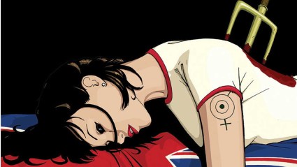 Britannia lying dead on the United Kingdom flag with a trident in her back