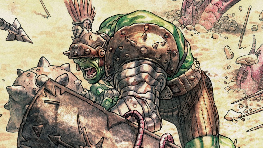 Gladiator Hulk surrounded by enemies, roaring