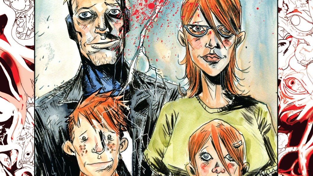 Animal Man standing with his wife Ellen and his children Cliff and MAxine